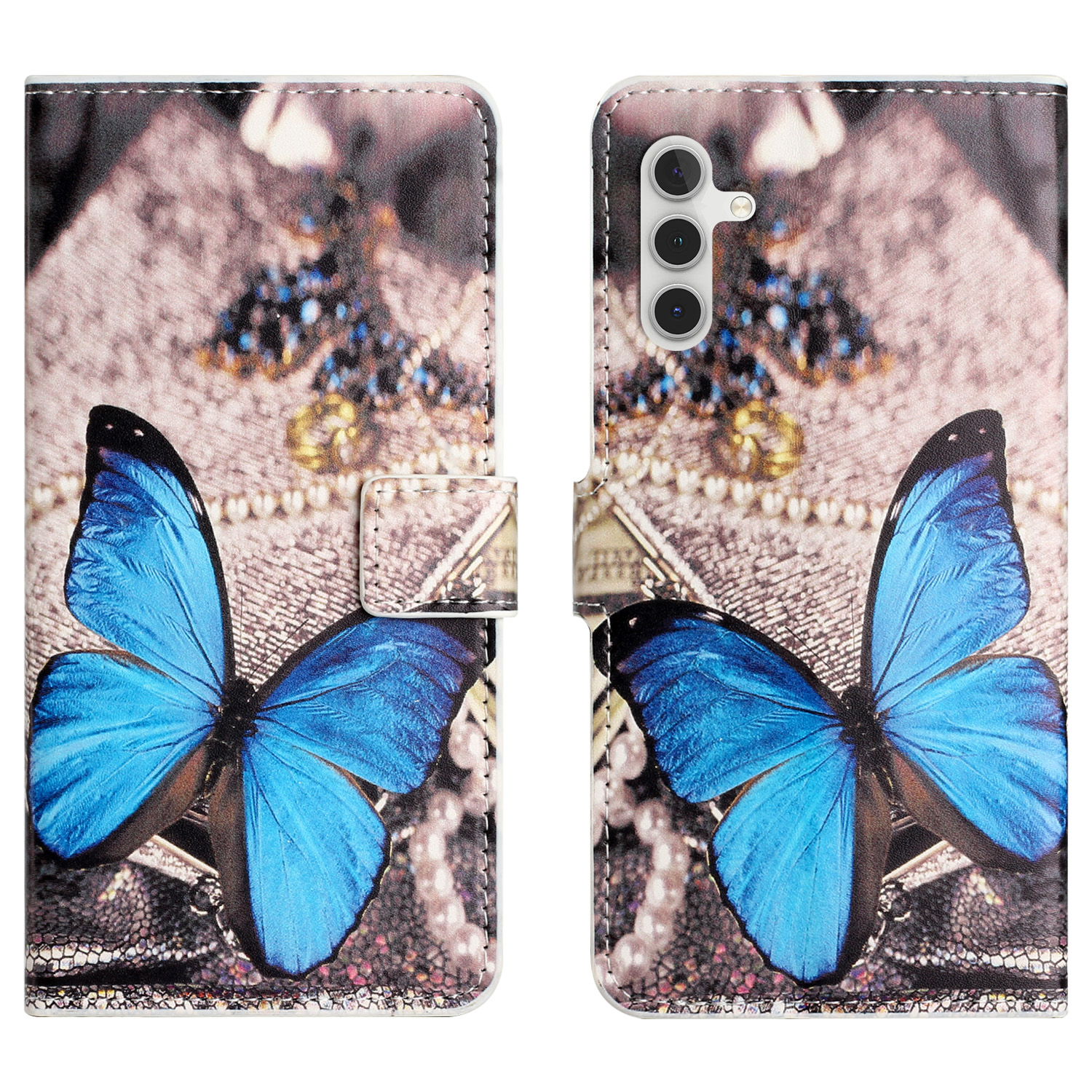

PU Lederabdeckung Für Samsung Galaxy S23 fe Muster Druckbrieftasche Telefonhülle - Blauer Schmetterling, Galaxy S23 FE