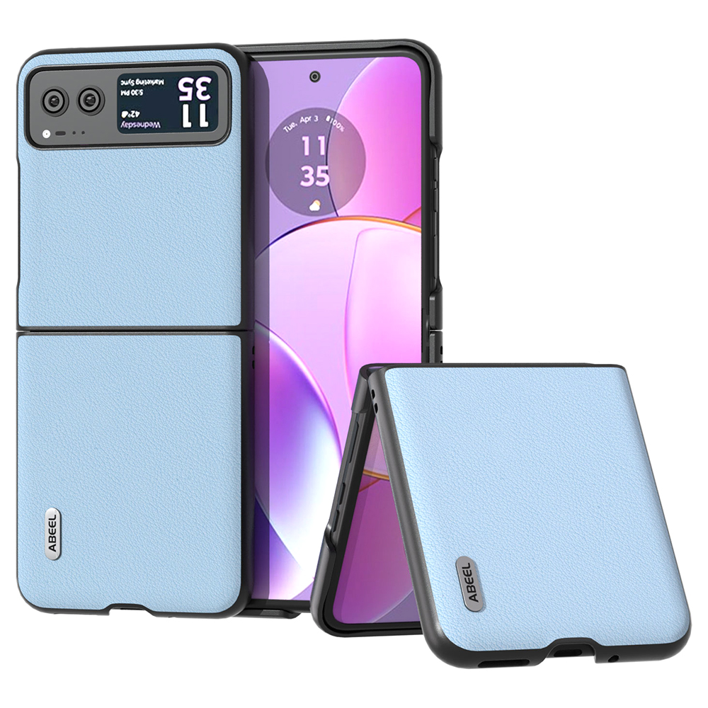 

ABEEL Für Motorola Razr 40 5G Wellen Texturkoffer Echtes Kuhleder Hartes PC -telefonabdeckung - Blau, Motorola Razr 40 5G