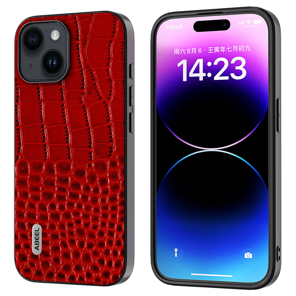 

Abeel Für Iphone 15 Anti-fall-telefonhülle Crocodile Textur Echtes Kuhleder+pc+tpu-abdeckung - Rot, iPhone 15