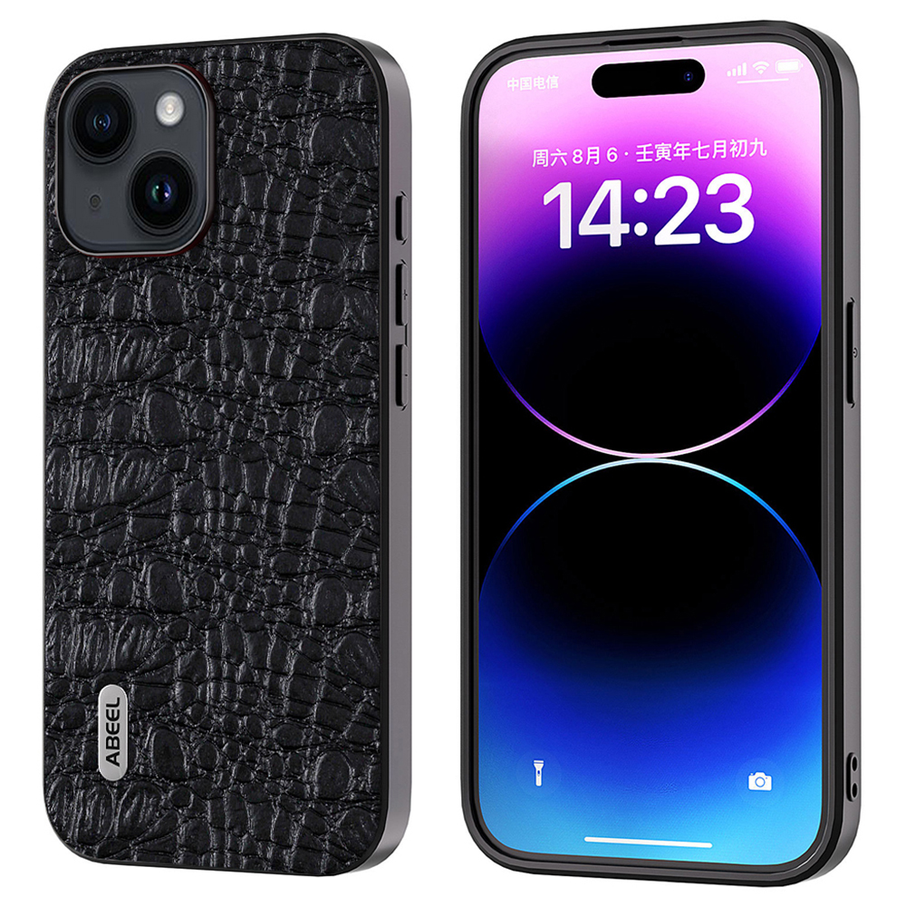 

ABEEL Für Iphone 15 Schlanker Telefonhülle Echtes Kuhleder-pc+tpu-baldachin Texturabdeckung - Schwarz, iPhone 15
