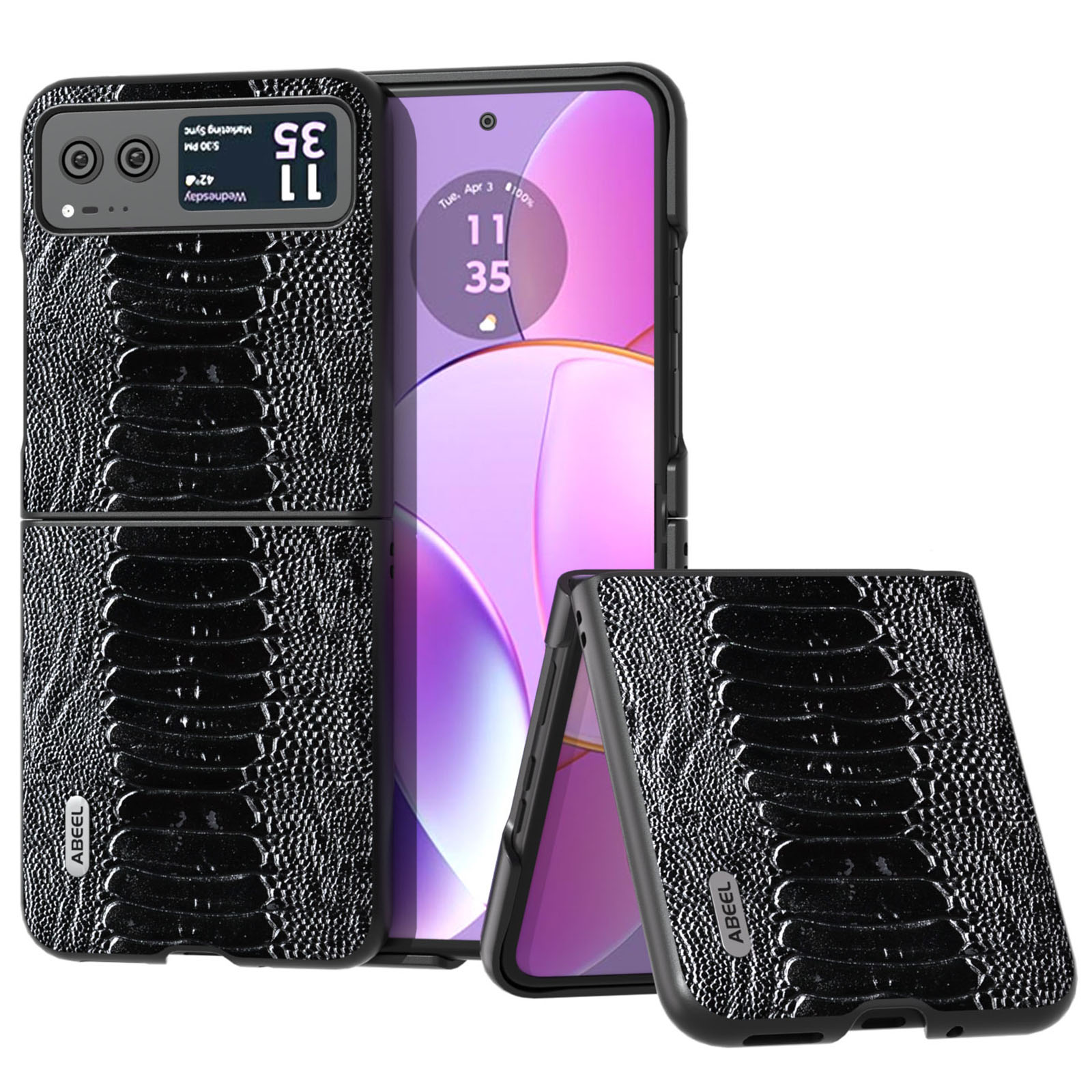 

ABEEL Für Motorola Razr 40 5g Echte Kuhleder + Harte PC -shell -krokodil -texturhülle - Schwarz, Motorola Razr 40 5G