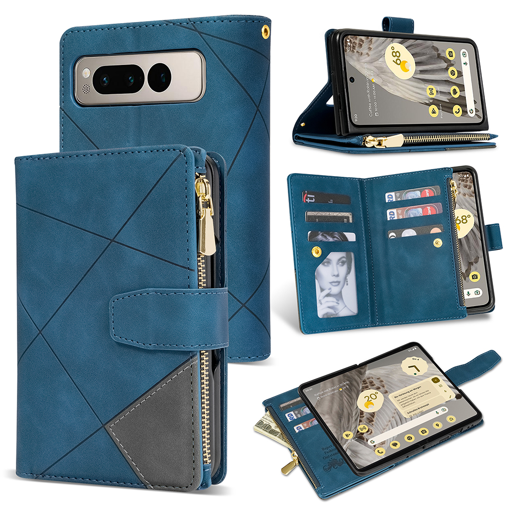

Für Google Pixel Fold Leder Flip Phone Hülle Reißverschluss Pocket Ständer Geprägte Brieftaschenabdeckungen - Blau, Google Pixel Fold