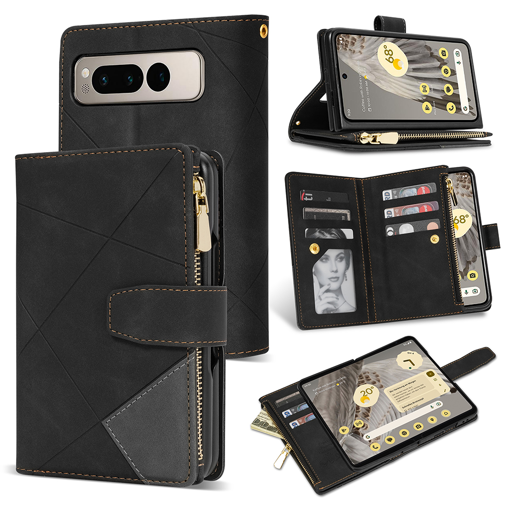 

Für Google Pixel Fold Leder Flip Phone Hülle Reißverschluss Pocket Ständer Geprägte Brieftaschenabdeckungen - Schwarz, Google Pixel Fold