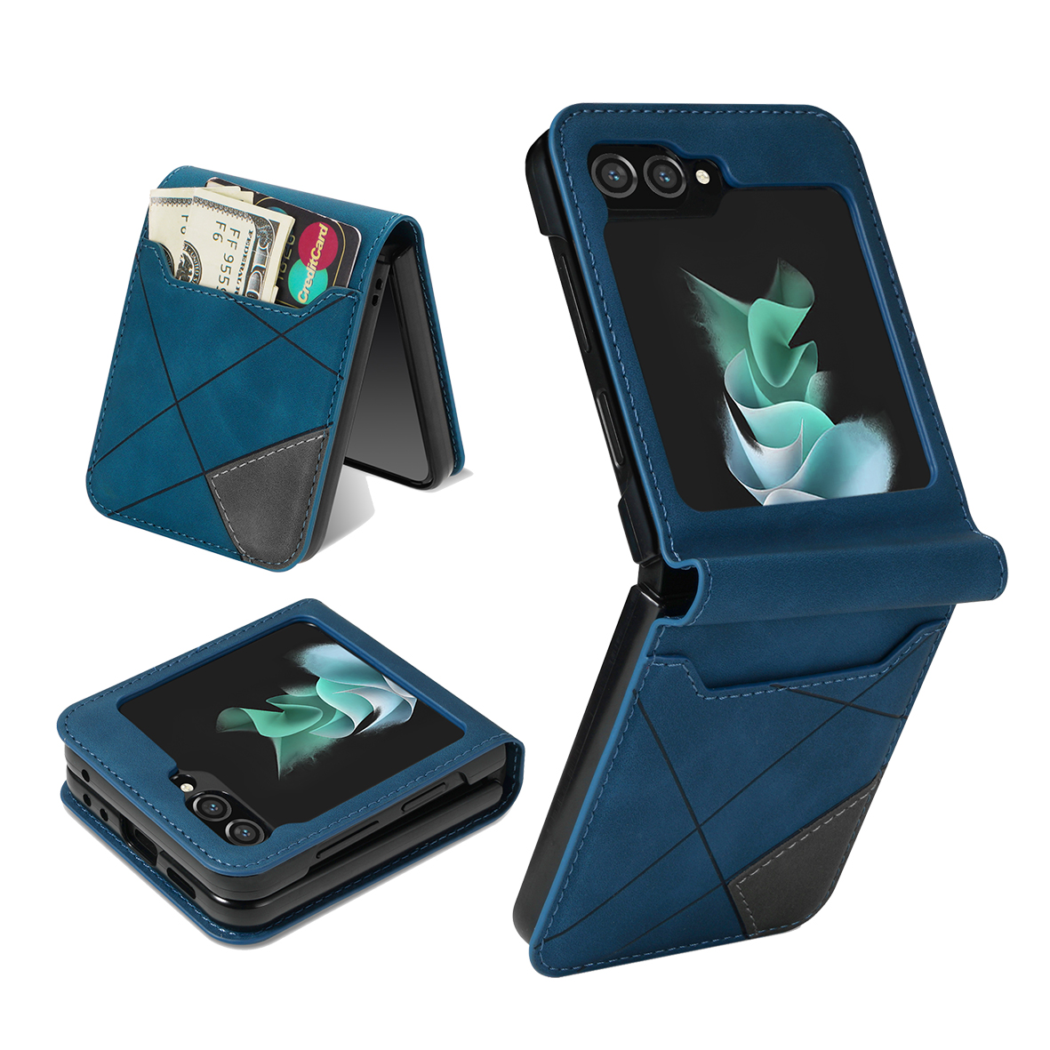 

Für Samsung Galaxy Z Flip5 5G Telefonhülle PU -lederlinien Eingeprägte Kartenschlitzabdeckung - Blau, Galaxy Z Flip5 5G