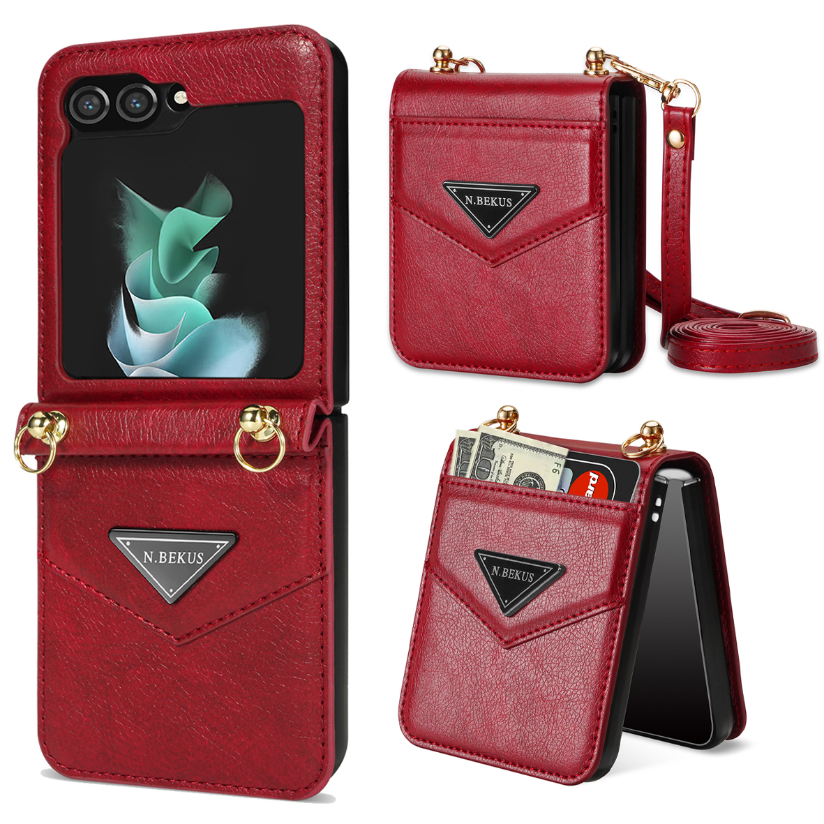 

n. Bekus Kartenhalter Telefonabdeckung Für Samsung Galaxy Z Flip5 5g, PU Lederbeschichtete PC -schutzhülle Mit Lanyard - Rot, Galaxy Z Flip5 5G