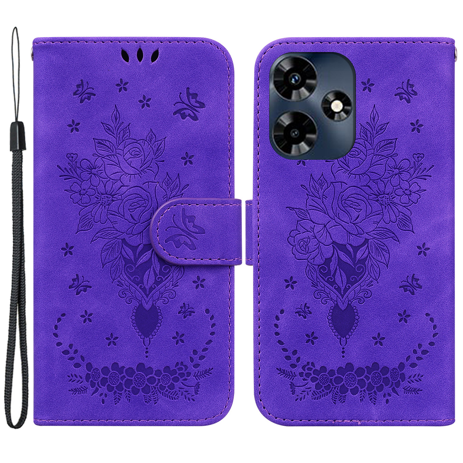 

Für Infinix Hot 30 Rose Butterfly Gedruckter Telefonhülle PU Leder Brieftasche Abdeckung - Lila, Infinix Hot 30