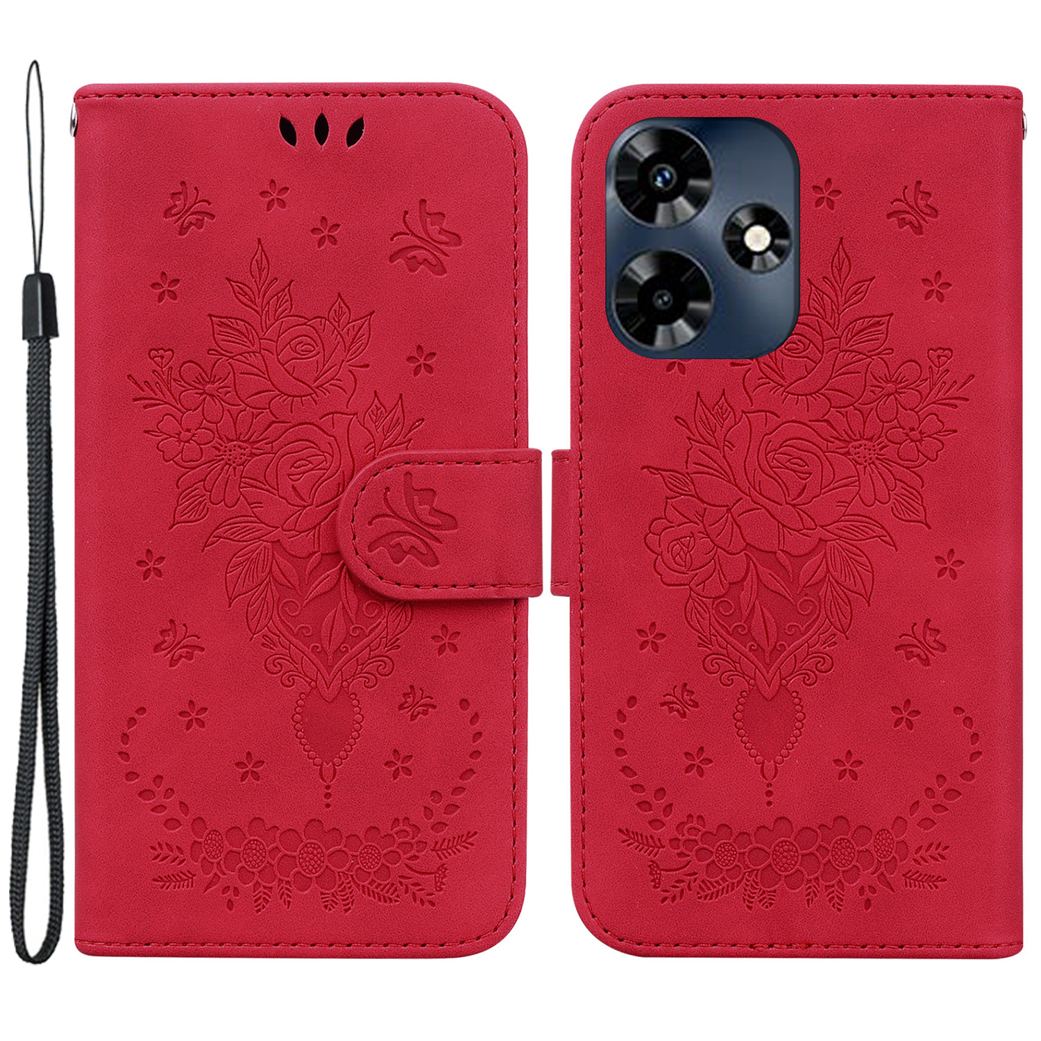 

Für Infinix Hot 30 Rose Butterfly Gedruckter Telefonhülle PU Leder Brieftasche Abdeckung - Rot, Infinix Hot 30