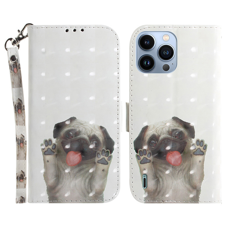 

Standschale Für Iphone 15 Pro PU Leder Brieftasche Abdeckung 3D -muster -gedruckter Telefonhülle Mit Riemen - Mops, iPhone 15 Pro