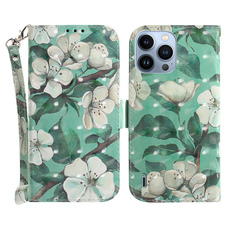 

Standschale Für Iphone 15 Pro PU Leder Brieftasche Abdeckung 3D -muster -gedruckter Telefonhülle Mit Riemen - Aquarellblüten, iPhone 15 Pro