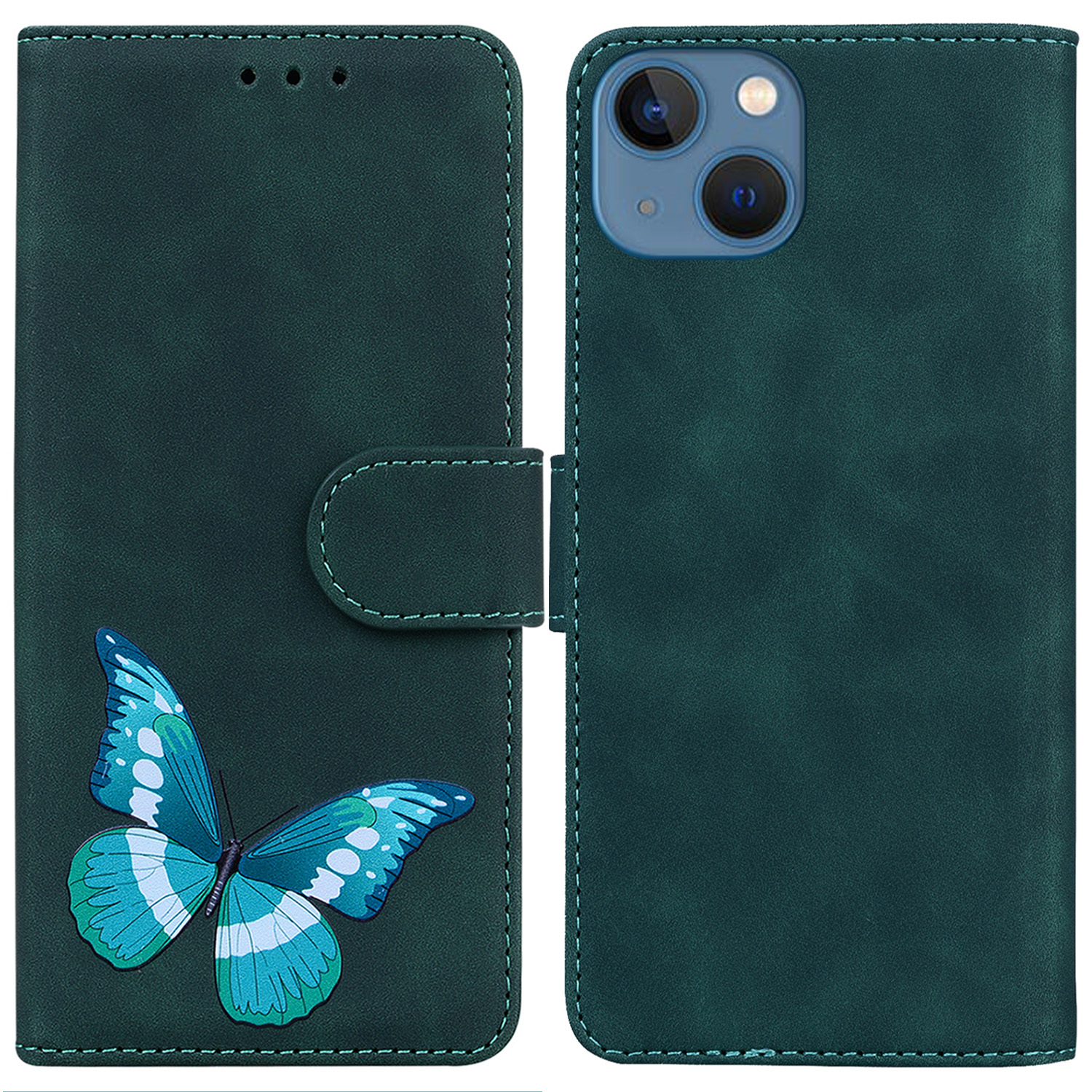 

PU Lederschale Für Iphone 15 Plus Schmetterlingsdruck Anti-scratch Flip Ständer Brieftasche Telefonabdeckung - Grün, iPhone 15 Plus