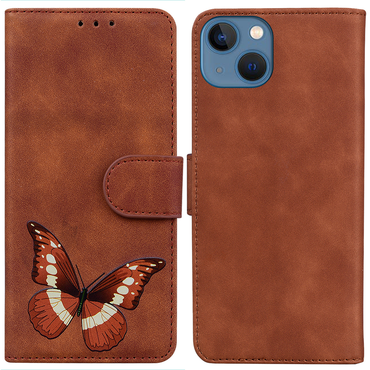 

PU Lederschale Für Iphone 15 Anti-kratzer Flip Ständer Brieftasche Hülle Schmetterlingsdruck Telefonabdeckung - Braun, iPhone 15