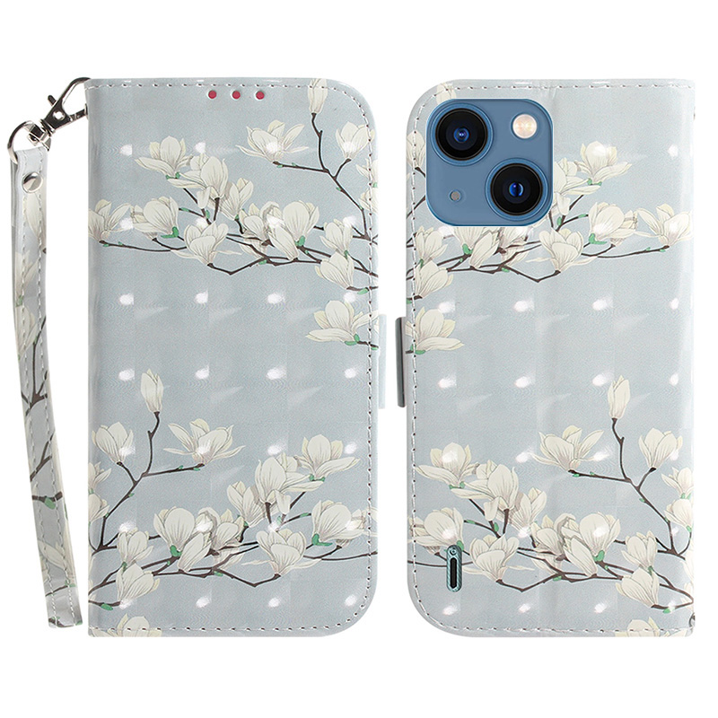 

Anti-kratzer-brieftaschenabdeckung Für Iphone 15 PU Leder 3D Muster Gedrucktes Stand Telefonhülle Mit Riemen - Magnolie, iPhone 15