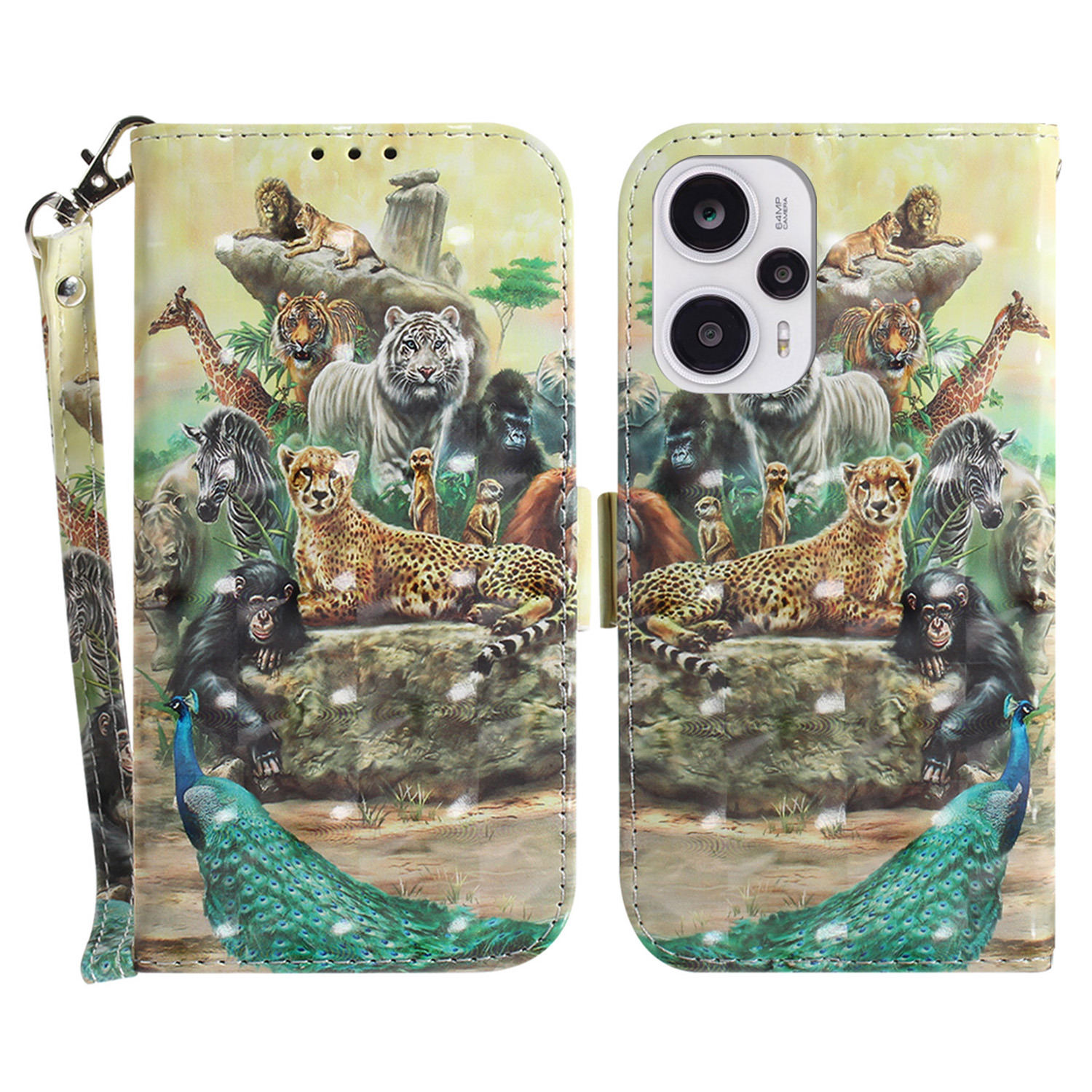 

Brieftaschenfall Für Xiaomi Redmi Note 12 Turbo / Poco F5 5G PU Lederständer 3D -muster Druckphase Mit Riemen - Tiere, Xiaomi Redmi Note 12 Turbo