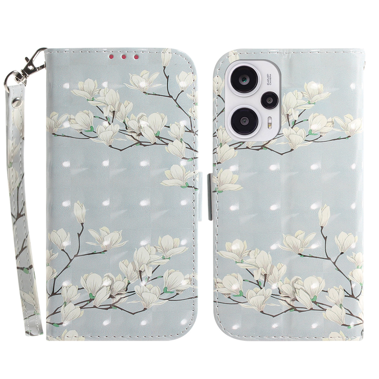 

Brieftaschenfall Für Xiaomi Redmi Note 12 Turbo / Poco F5 5G PU Lederständer 3D -muster Druckphase Mit Riemen - Magnolie, Xiaomi Redmi Note 12 Turbo