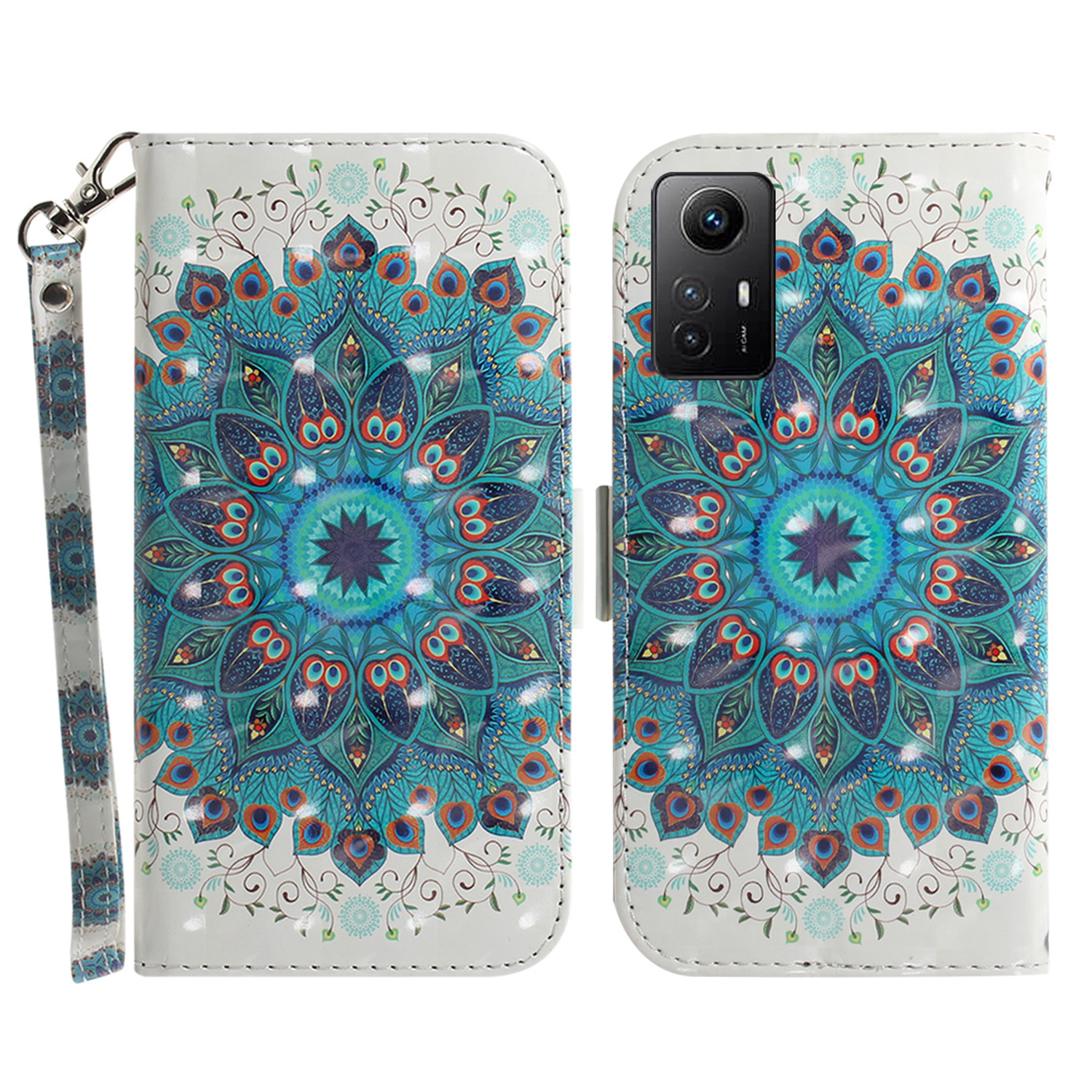 

3D -muster Gedrucktes Gehäuse Für Xiaomi Redmi Note 12s 4G PU Leder -stand Wallet -telefonabdeckung Mit Riemen - Pfauenkranz, Xiaomi Redmi Note 12S 4G