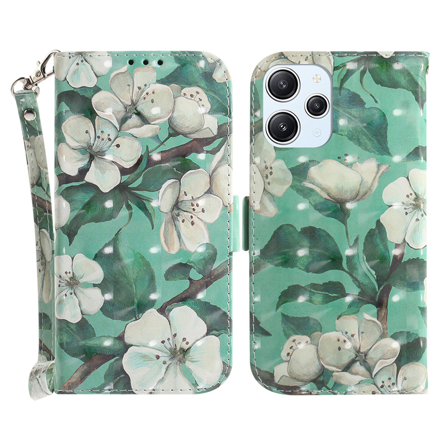 

Brieftasche Telefonhülle Für Xiaomi Redmi 12 4g, 3D -muster -gedruckter PU -lederständer Mit Riemen - Aquarellblüten, Xiaomi Redmi 12 4G