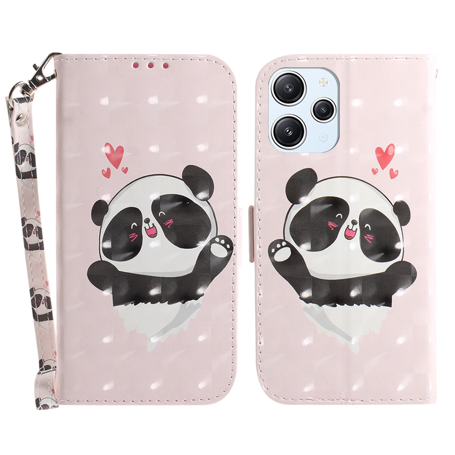 

Brieftasche Telefonhülle Für Xiaomi Redmi 12 4g, 3D -muster -gedruckter PU -lederständer Mit Riemen - Liebe Herz Panda, Xiaomi Redmi 12 4G