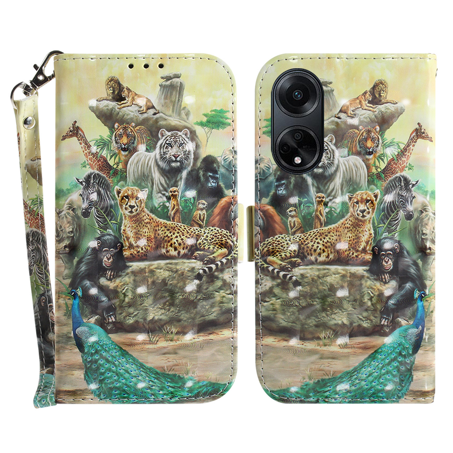 

Stand Phone Case for Oppo F23 5G / A98 5G / A1 5G , PU Leather Wallet 3D Pattern Printing Cover with Strap - Animals, Oppo F23 5G