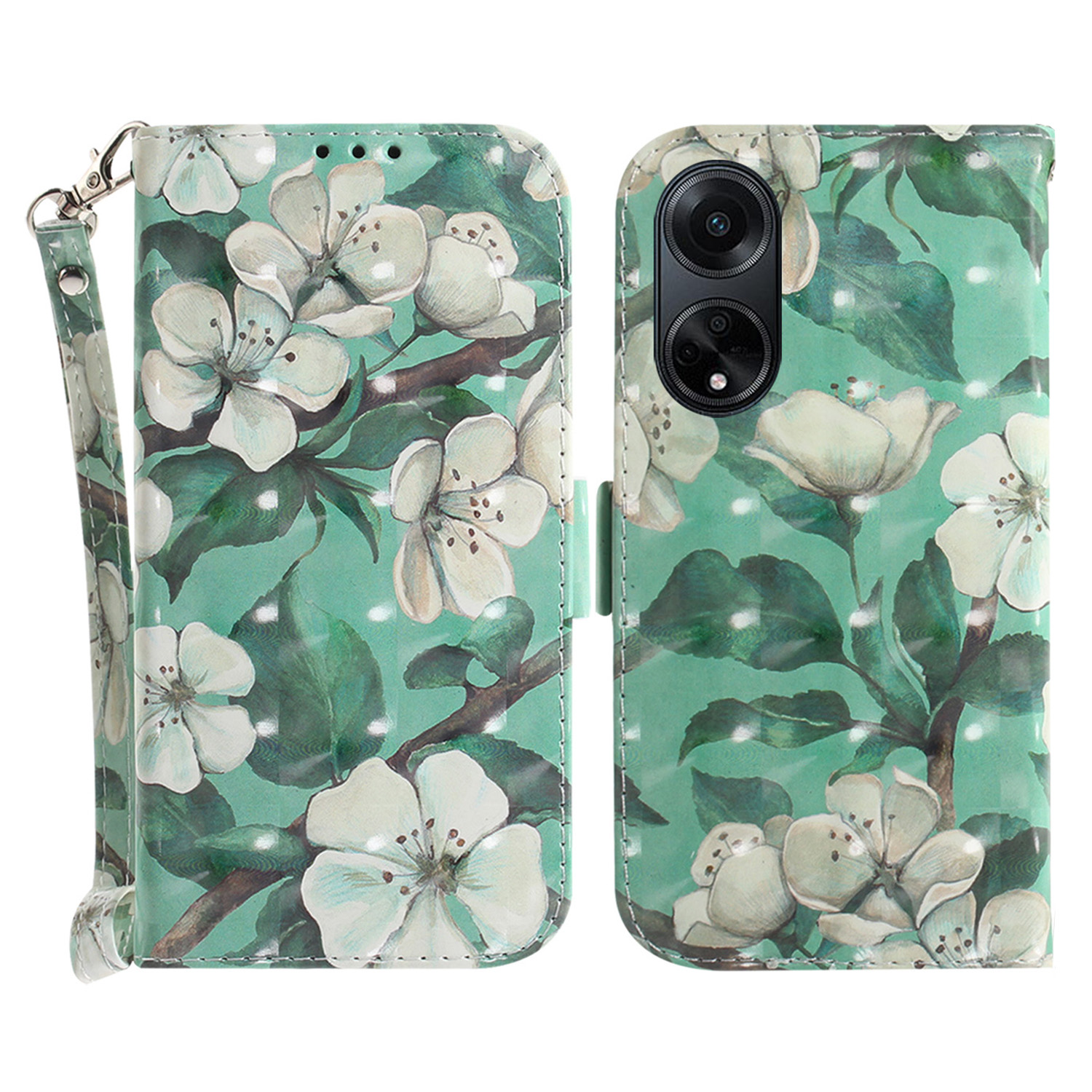 

Stand Telefonkoffer Für Oppo F23 5G / A98 5G / A1 5g, PU Leder Brieftasche 3D -musterdruckabdeckung Mit Riemen - Aquarellblüten, Oppo F23 5G