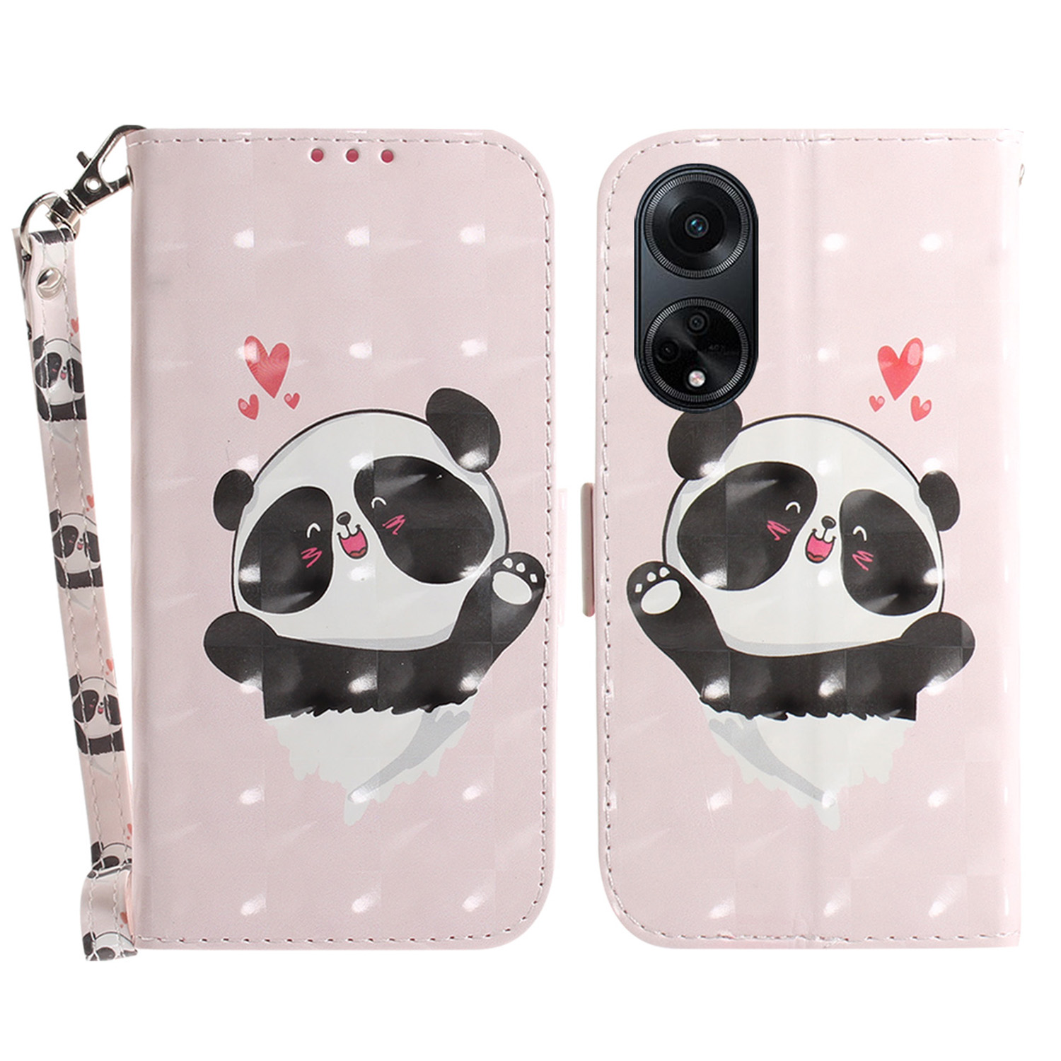 

Stand Telefonkoffer Für Oppo F23 5G / A98 5G / A1 5g, PU Leder Brieftasche 3D -musterdruckabdeckung Mit Riemen - Liebe Herz Panda, Oppo F23 5G