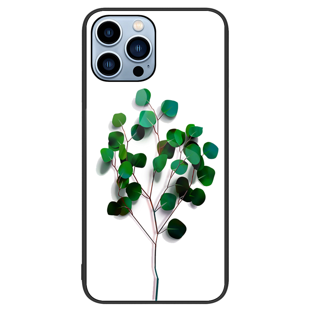 

Für Das Iphone 15 Pro-muster-drucken Rückzugabdeckung Anti-kratzer Temperierte Glas+pc+tpu-telefonhülle - Grüne Blätter, iPhone 15 Pro