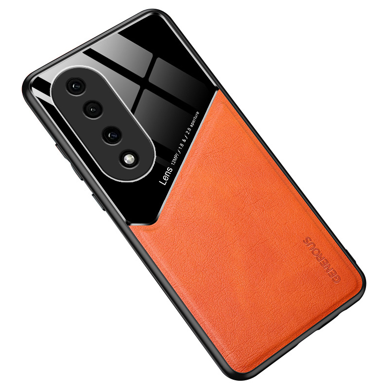 

Stoßdichtung Für Honor 90 Pro PU Lederbeschichtete TPU+PC -telefonhülle Mit Autohalterung Metallblech - Orange, Honor 90 Pro