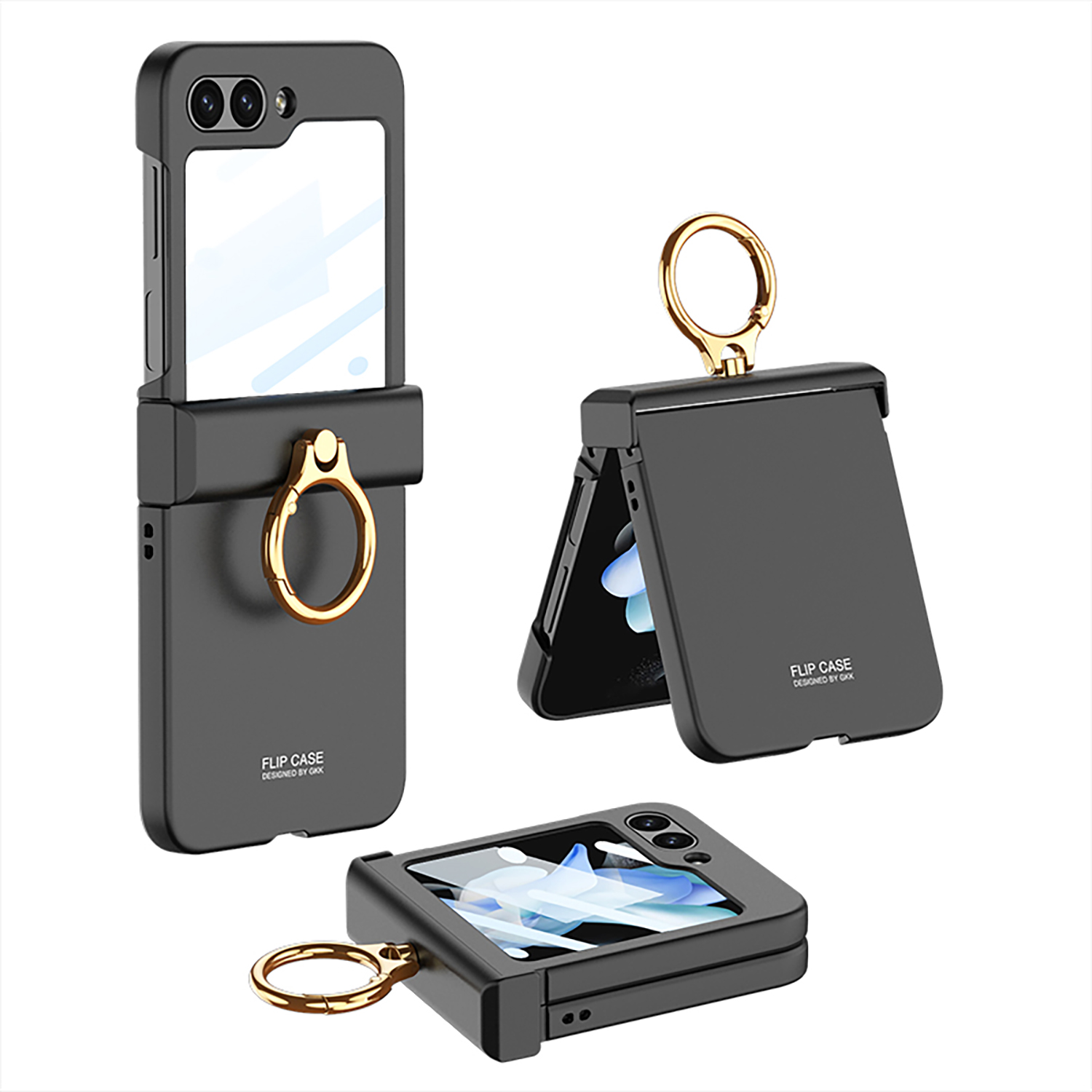 

GKK Für Samsung Galaxy Z Flip5 5G All-inclusive-scharnier-telefonschale Temperierte Glasfilm Plastikhülle Mit Ringhalter - Schwarz, Galaxy Z Flip5 5G