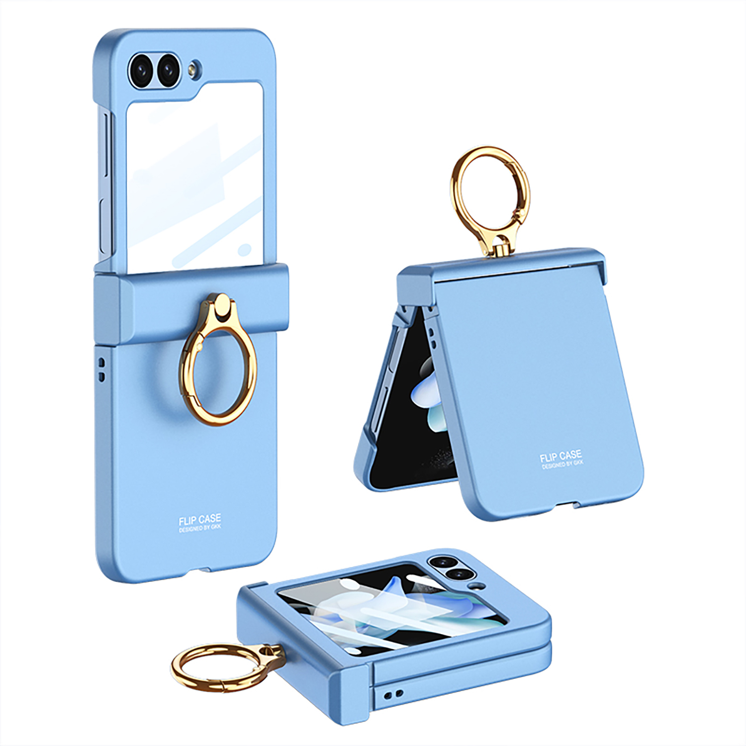 

GKK Für Samsung Galaxy Z Flip5 5G All-inclusive-scharnier-telefonschale Temperierte Glasfilm Plastikhülle Mit Ringhalter - Blau, Galaxy Z Flip5 5G