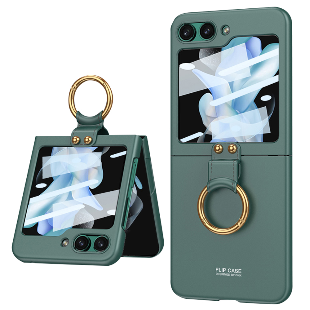 

GKK Für Samsung Galaxy Z Flip5 5G Plastikhülle Temperierte Glasfilm Telefonschale Mit Ringhalter - Grün, Galaxy Z Flip5 5G