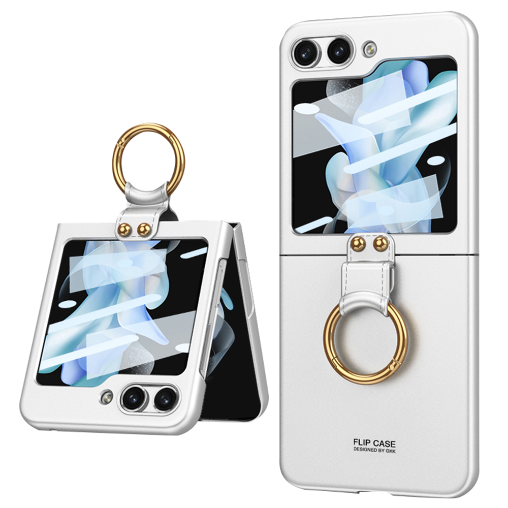 

GKK Für Samsung Galaxy Z Flip5 5G Plastikhülle Temperierte Glasfilm Telefonschale Mit Ringhalter - Silber, Galaxy Z Flip5 5G