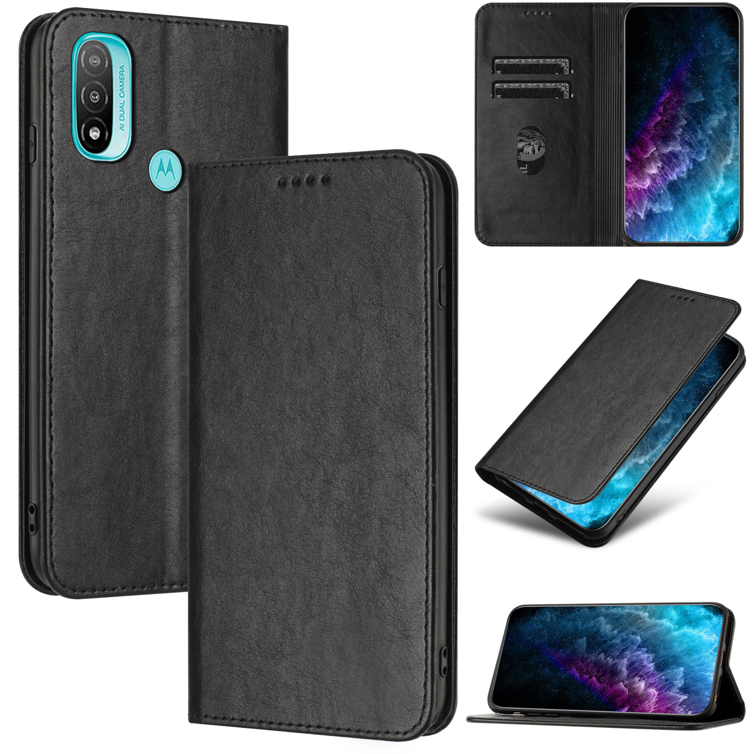 

Telefonledertasche Für Motorola Moto E20 / E30 / E40, Stand RFID -blockierungs -telefonabdeckung Mit Kartenhalter - Schwarz, Motorola Moto E20