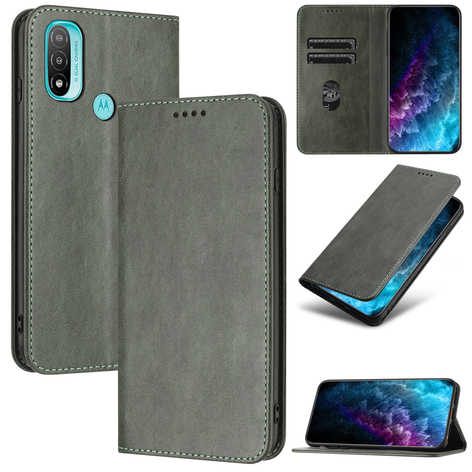 

Telefonledertasche Für Motorola Moto E20 / E30 / E40, Stand RFID -blockierungs -telefonabdeckung Mit Kartenhalter - Grau, Motorola Moto E20