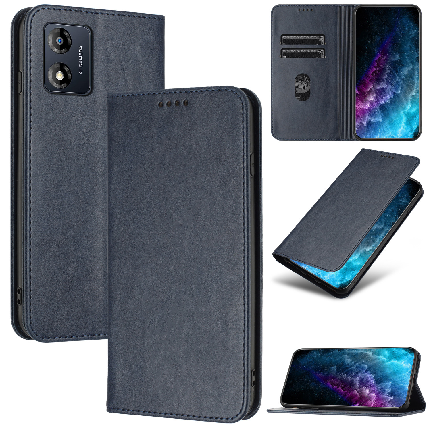 

PU Leder Telefonhülle Für Motorola Moto E13 4g, RFID -blockierungskartenhalter -telefonständer Cover - Blau, Motorola Moto E13 4G