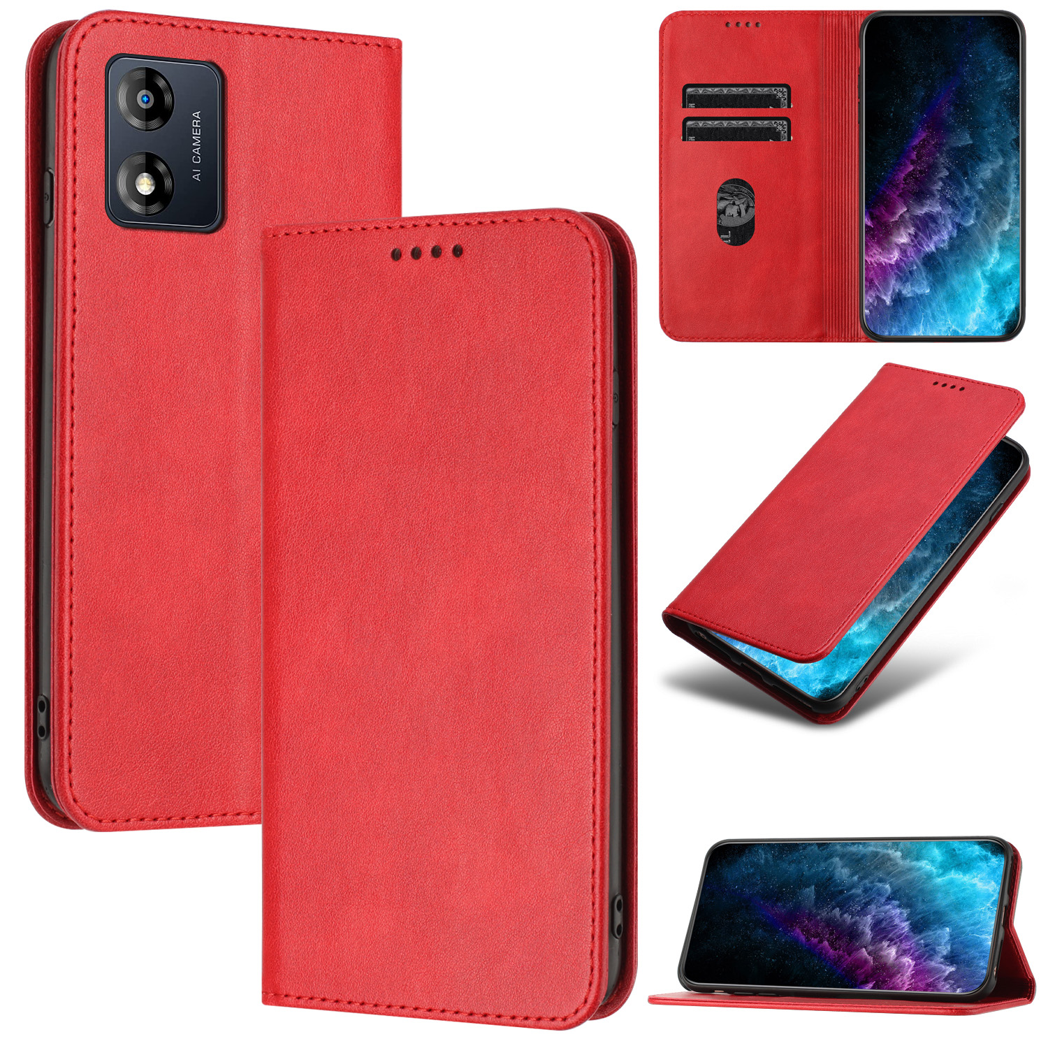 

PU Leder Telefonhülle Für Motorola Moto E13 4g, RFID -blockierungskartenhalter -telefonständer Cover - Rot, Motorola Moto E13 4G