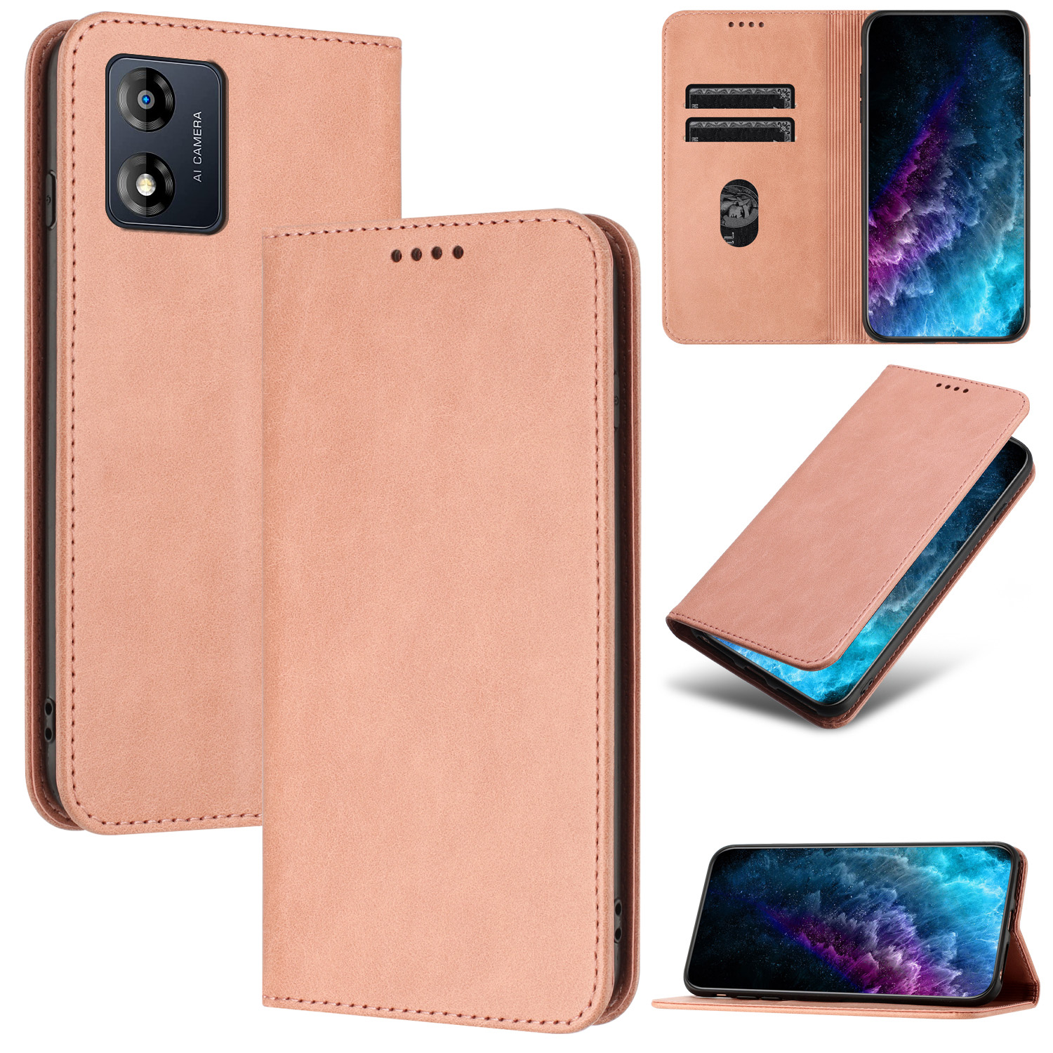 

PU Leder Telefonhülle Für Motorola Moto E13 4g, RFID -blockierungskartenhalter -telefonständer Cover - Rosa, Motorola Moto E13 4G