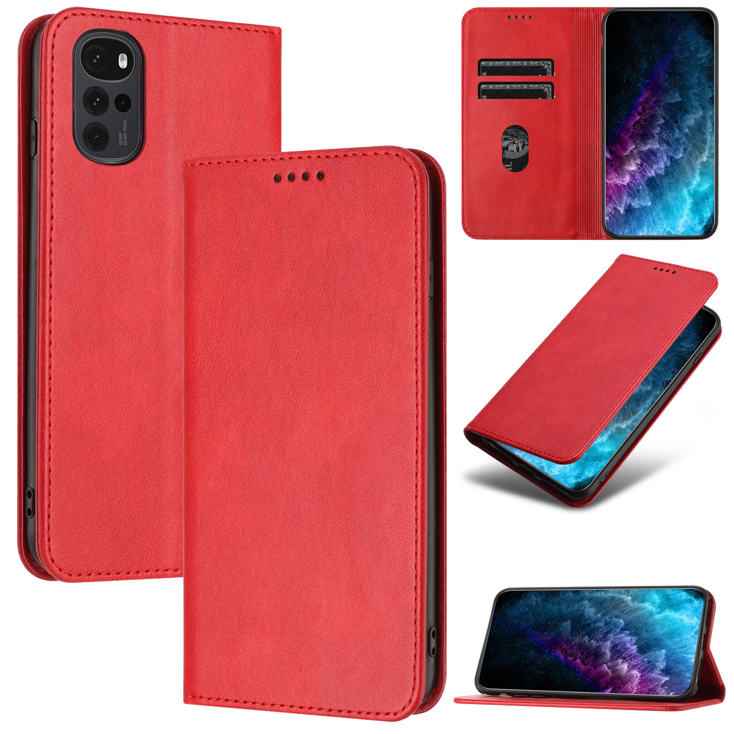 

PU Leder RFID -blockierungshülle Für Motorola Moto G22 / E32s 4g, Standkartenhalter -telefonabdeckung - Rot, Motorola Moto G22