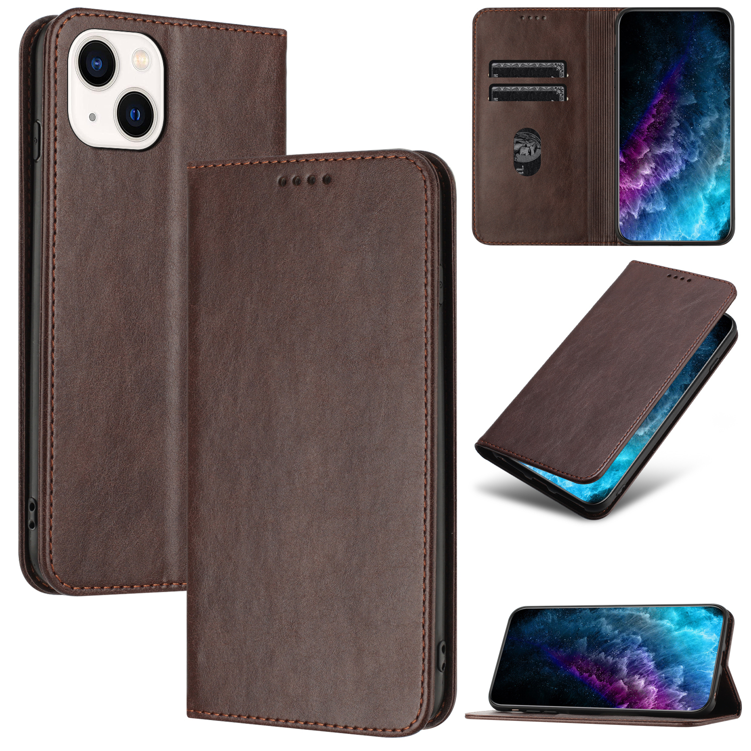 

RFID -blockierkartenhalter Hülle Für Iphone 13, PU Lederständer Magnetic Closure Telefonabdeckung - Braun, iPhone 13