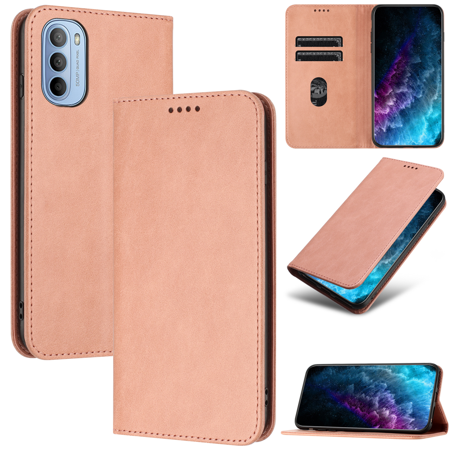 

Ledertasche Für Motorola Moto G52 4G / G82 5G / G71s 5g, RFID -blockierungskartenhalter -telefonständer Cover - Rosa, Motorola Moto G52 4G