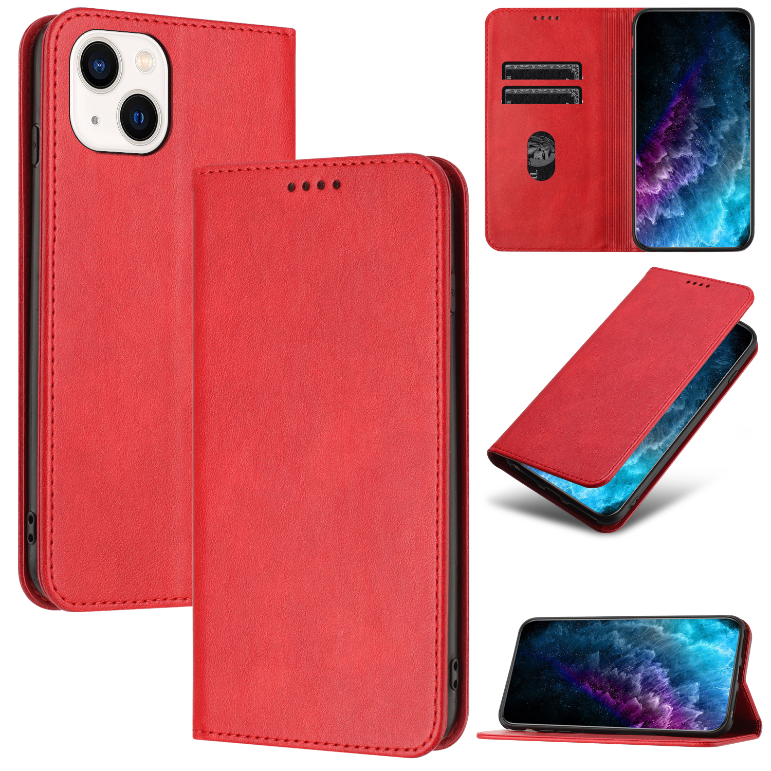 

RFID -blockierung Telefonständer Cover Für Iphone 14, PU Leder Magnetic Clospure Card Halter Hülle - Rot, iPhone 14