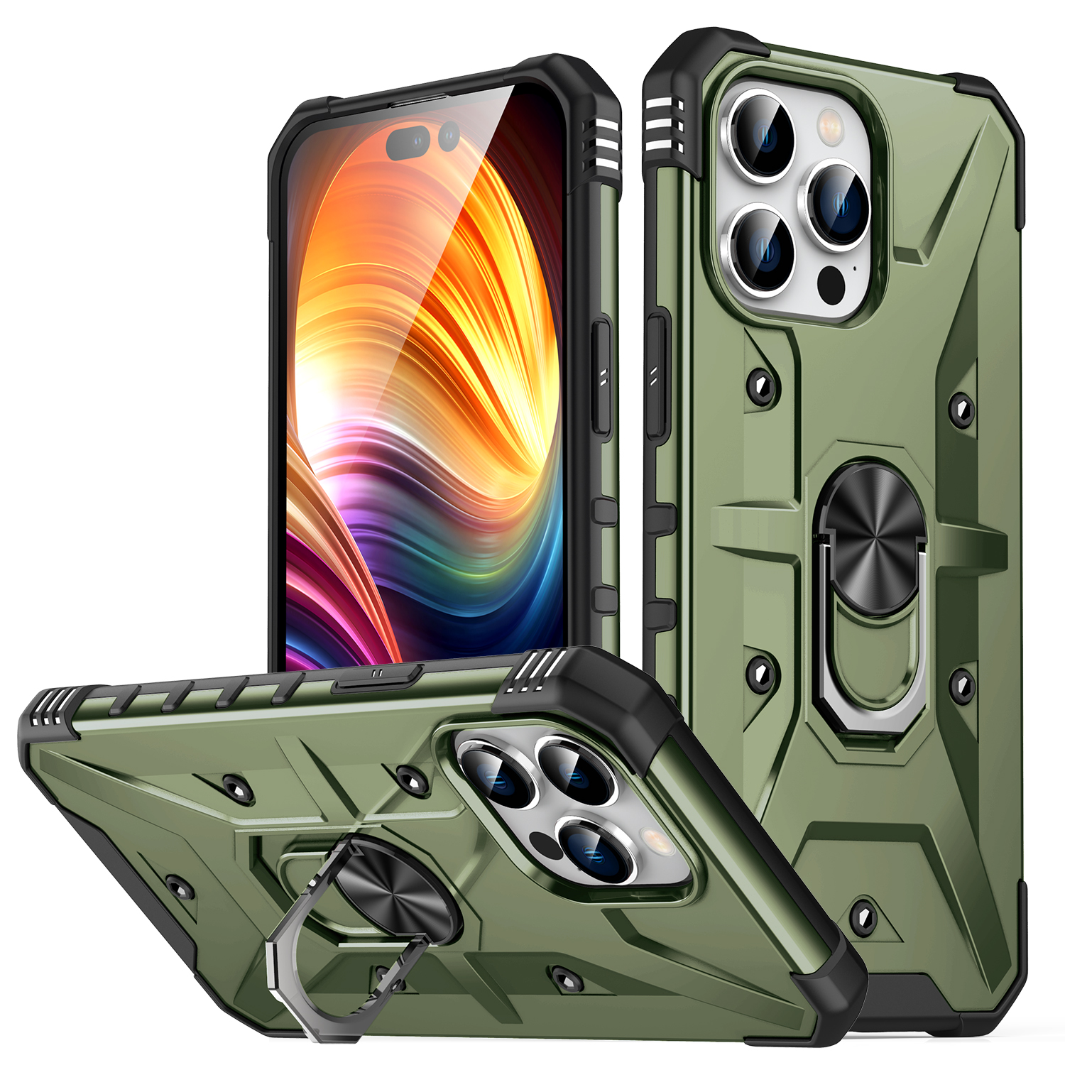 

Für Das Iphone 15 Pro Max Anti-slip-pc+ Tpu-telefonhülle Kickstand Stoßdichtschutzschutzabdeckung - Armeegrün, iPhone 15 Pro Max