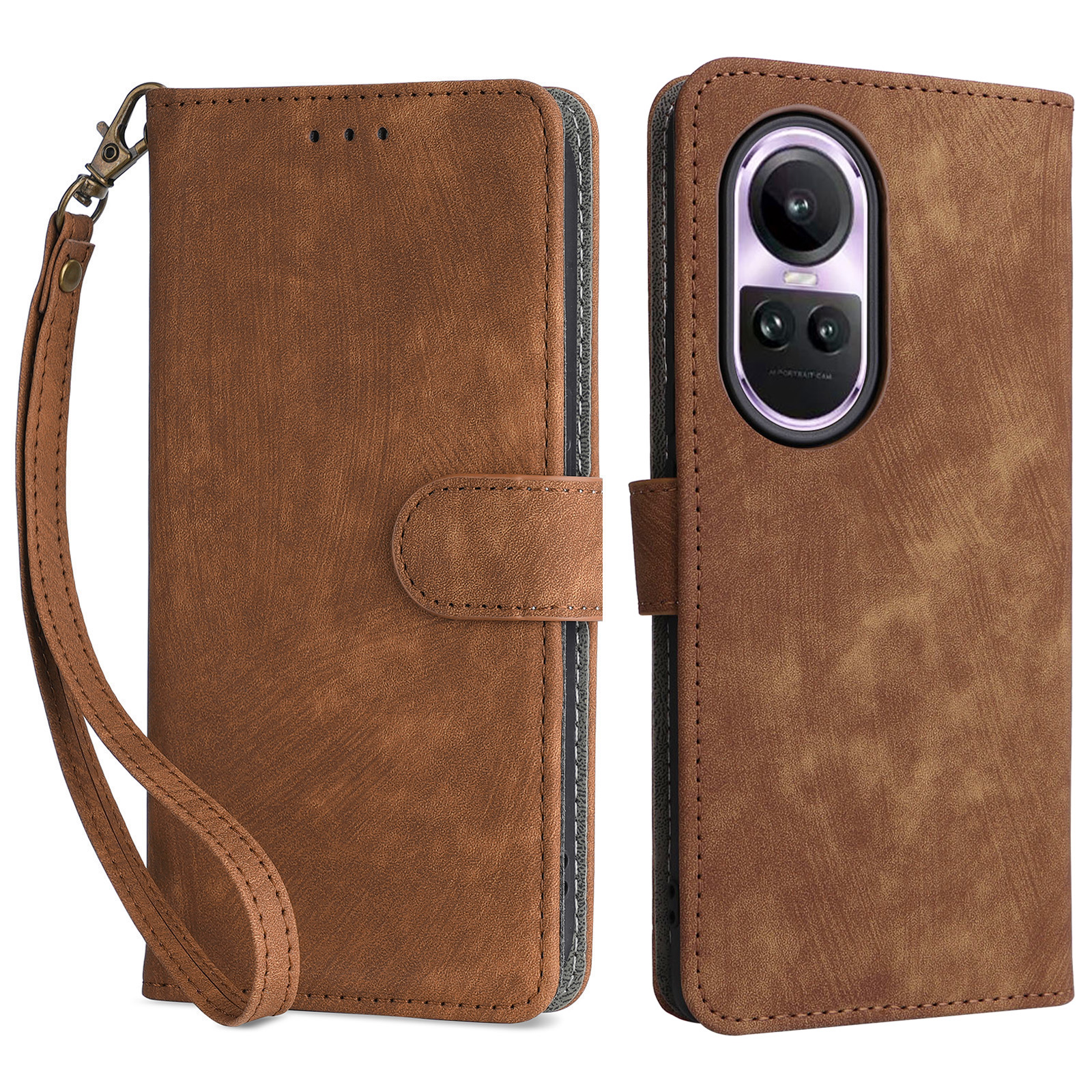 

Für Oppo Reno10 5G CPH2531 / Reno10 Pro 5G CPH2525 Schocksicherer Abdeckung RFID Blockierende Leder -brieftaschenhülle Mit Riemen - Braun, Oppo Reno10 5G (Global)