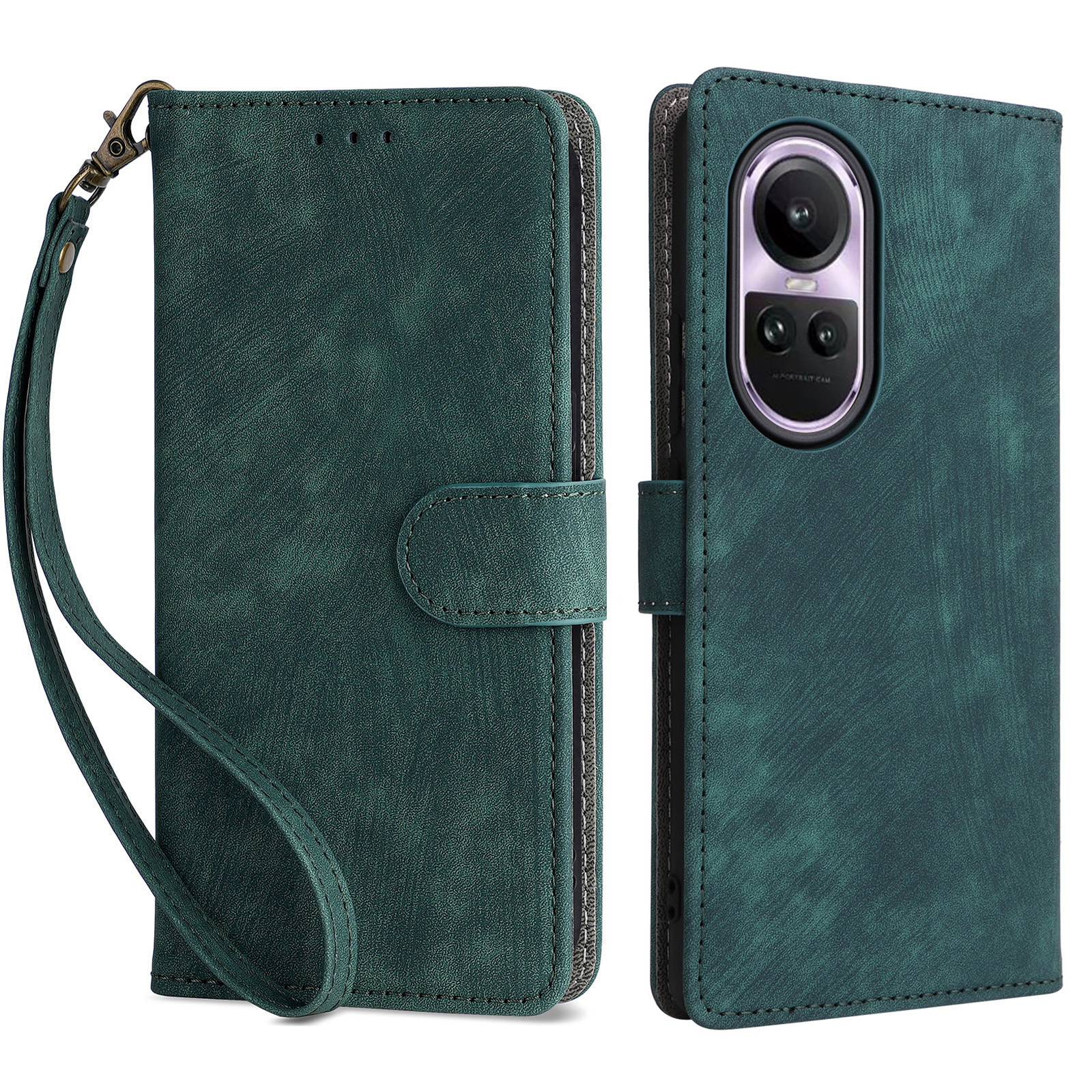 

Für Oppo Reno10 5G CPH2531 / Reno10 Pro 5G CPH2525 Schocksicherer Abdeckung RFID Blockierende Leder -brieftaschenhülle Mit Riemen - Grün, Oppo Reno10 5G (Global)