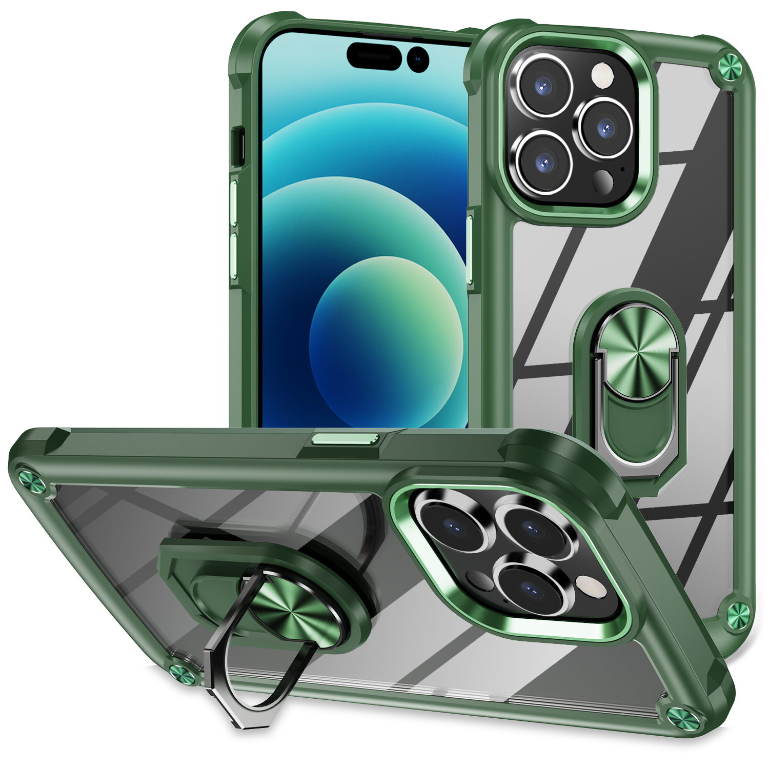 

Für Das Iphone 15 Pro Protective Kickstand Case Leges Lens Frame PC + TPU -telefonabdeckung - Grün, iPhone 15 Pro