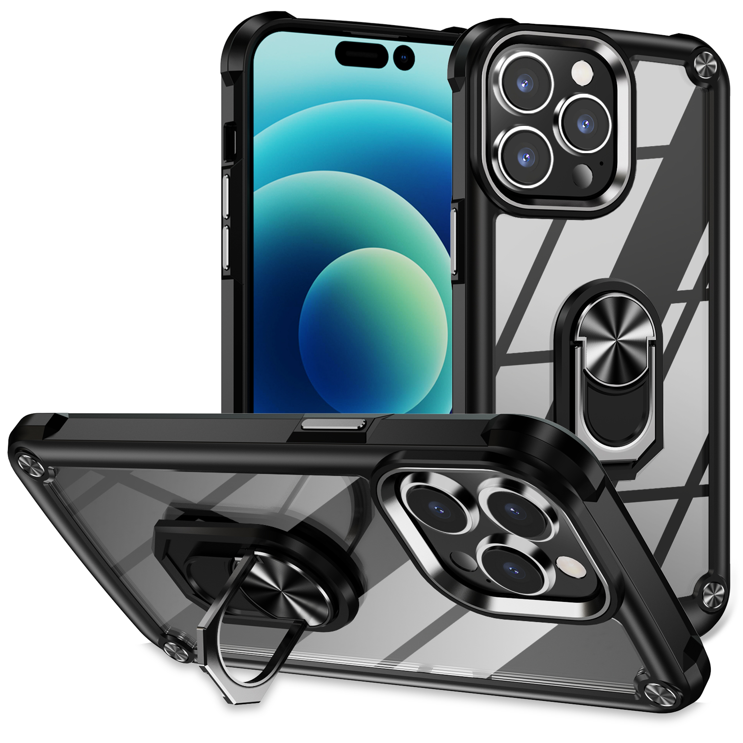 

Ringkickstand -hülle Für Iphone 15 Pro Max Protective Case Leges Lens Frame PC + TPU -telefonabdeckung - Schwarz, iPhone 15 Pro Max