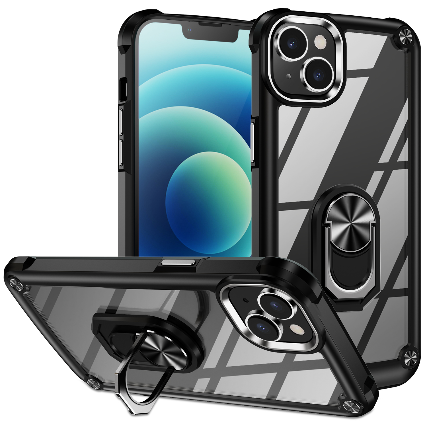 

Für Das Iphone 15 Schockfeste Hülle Ring Kickstand PC + TPU -telefonabdeckung Mit Leichtmetall -linsen -frame - Schwarz, iPhone 15