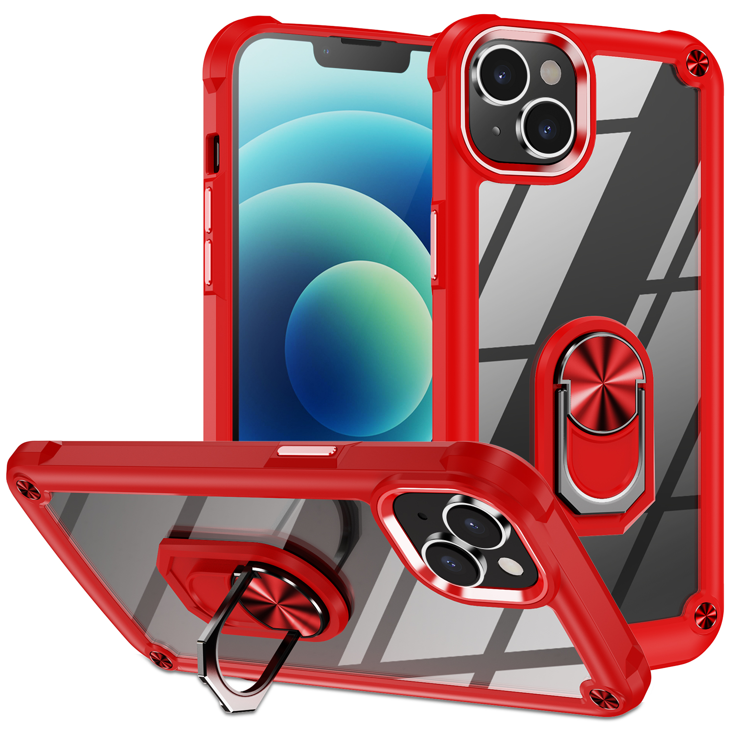 

Für Das Iphone 15 Schockfeste Hülle Ring Kickstand PC + TPU -telefonabdeckung Mit Leichtmetall -linsen -frame - Rot, iPhone 15