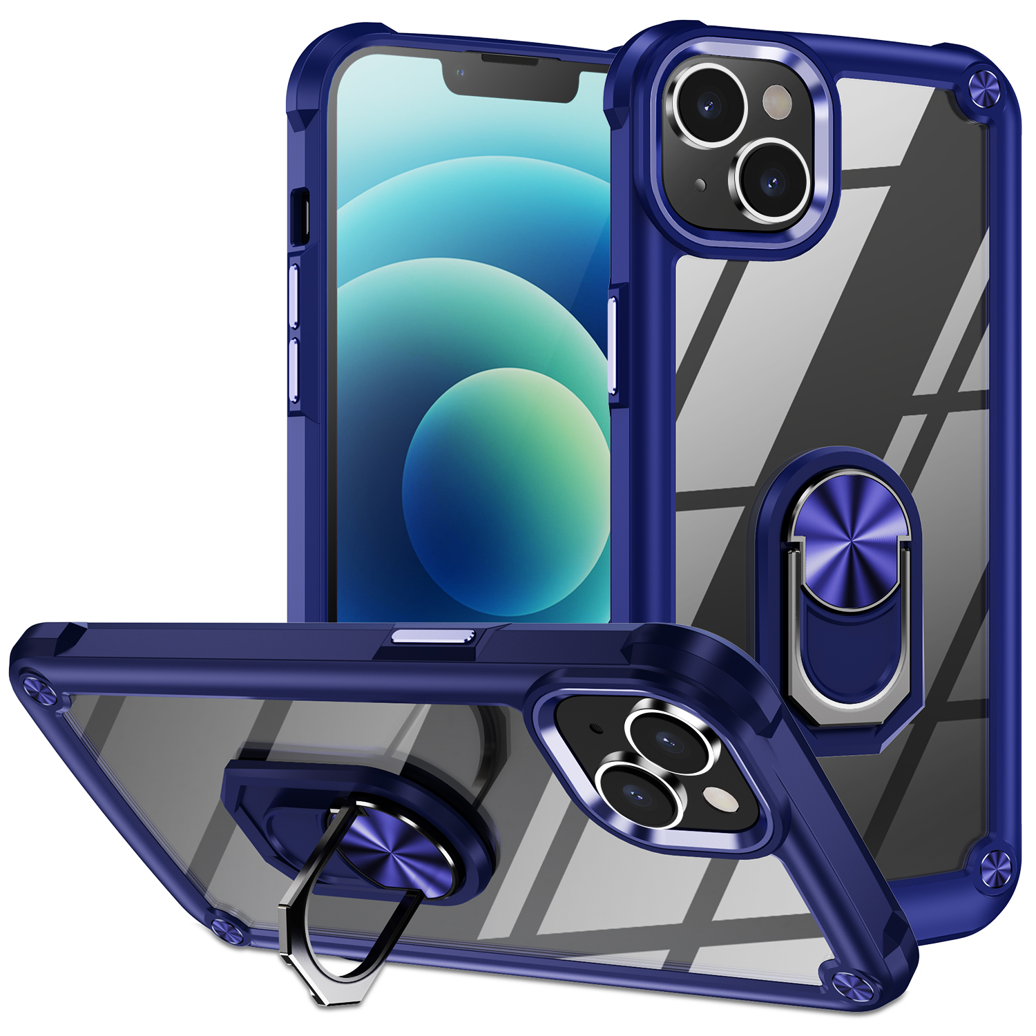 

Für Das Iphone 15 Schockfeste Hülle Ring Kickstand PC + TPU -telefonabdeckung Mit Leichtmetall -linsen -frame - Blau, iPhone 15
