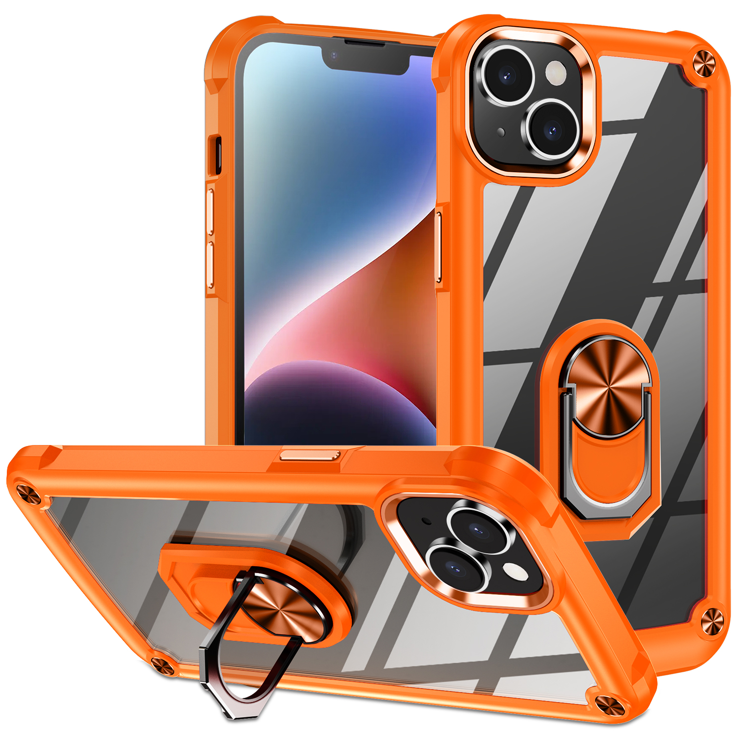 

Für Das Iphone 15 Schockfeste Hülle Ring Kickstand PC + TPU -telefonabdeckung Mit Leichtmetall -linsen -frame - Orange, iPhone 15