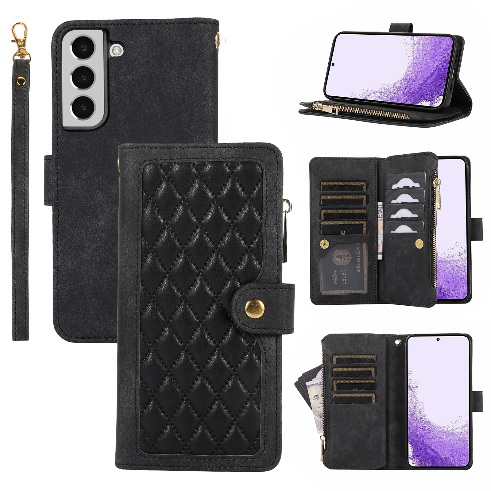 

Für Samsung Galaxy S22+ 5G Reißverschluss Pocket Phone Leder Hülle Mehrere Kartensteckplätze Rhombusabdeckung - Schwarz, Galaxy S22+ 5G