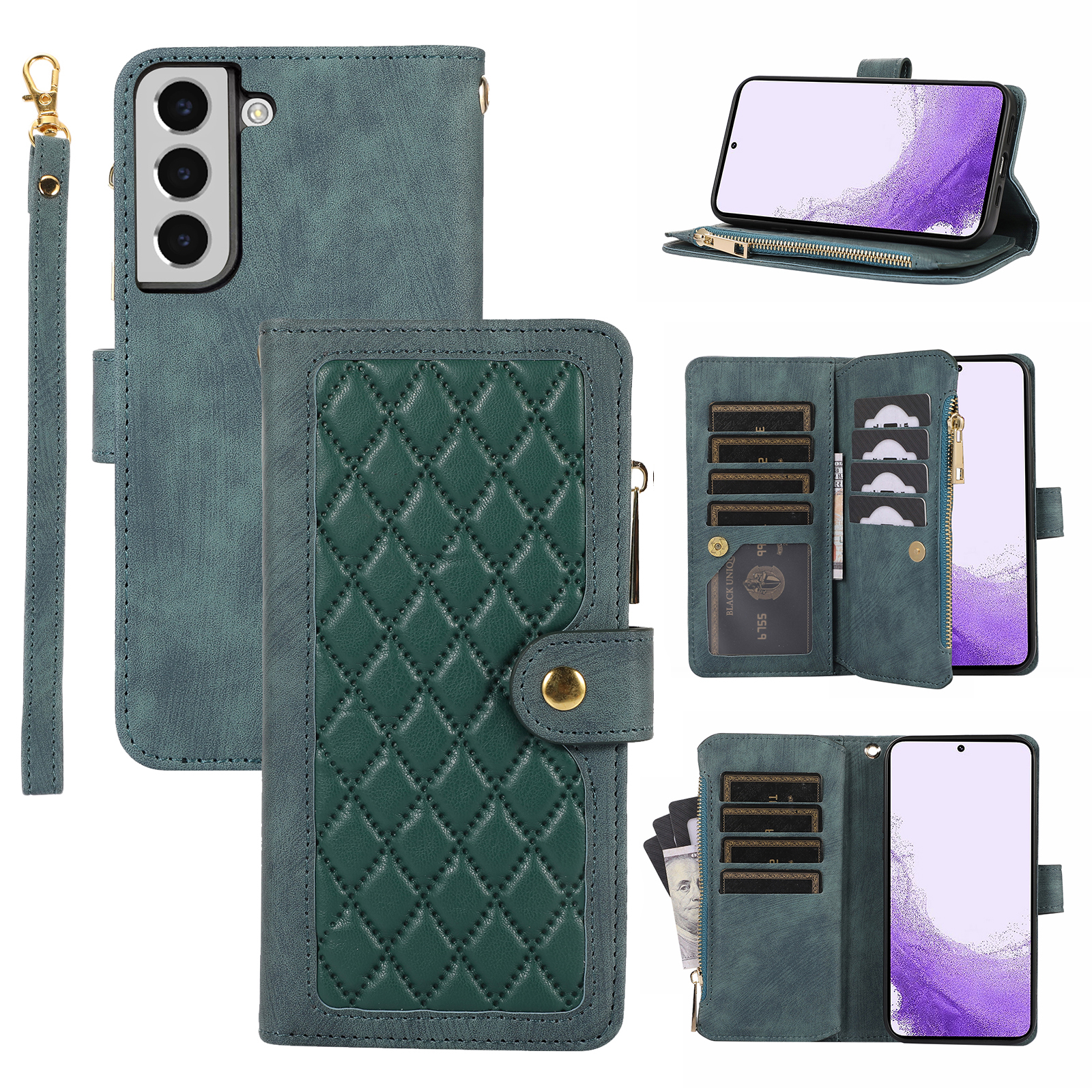 

Für Samsung Galaxy S22+ 5G Reißverschluss Pocket Phone Leder Hülle Mehrere Kartensteckplätze Rhombusabdeckung - Grün, Galaxy S22+ 5G